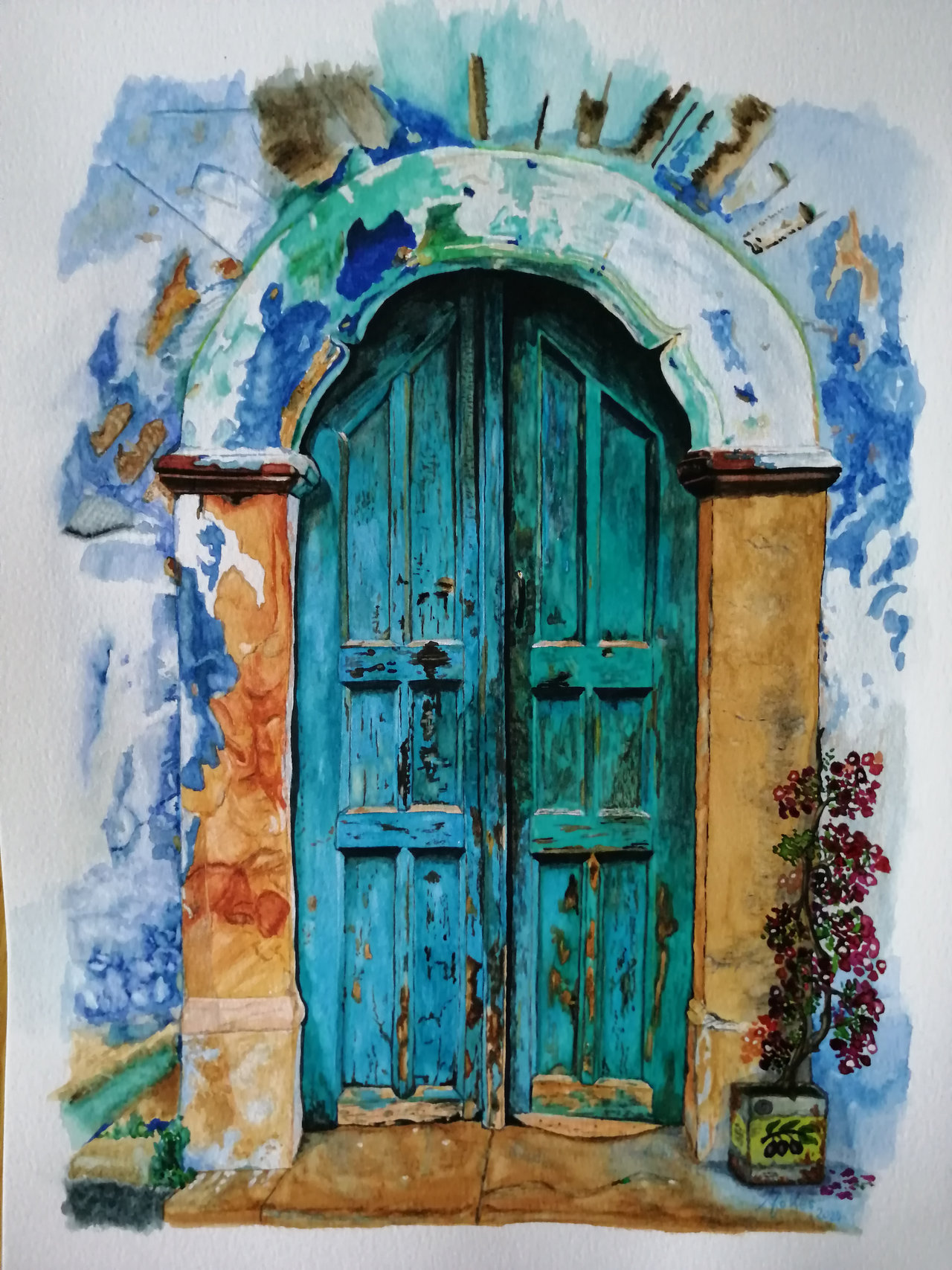 Aquarel van een blauwe Griekse deur - Jokes Reijgersberg