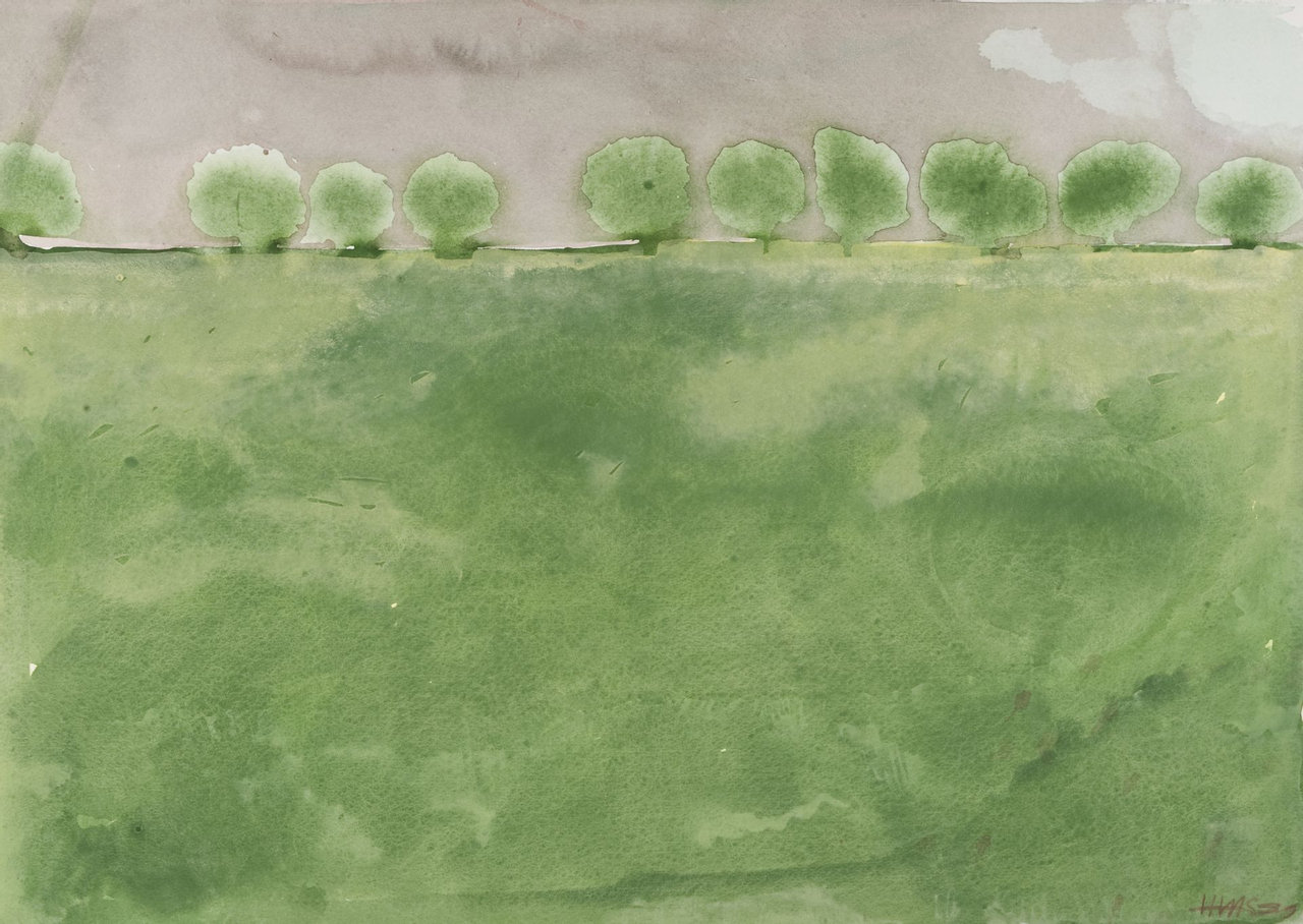 Een aquarel met een groen landschap. Een groot vlak met allerlei verschillende tinten groen en een hoge horizon. Enkele bomen staan op de horizon en daarachter zie je een grijze lucht.