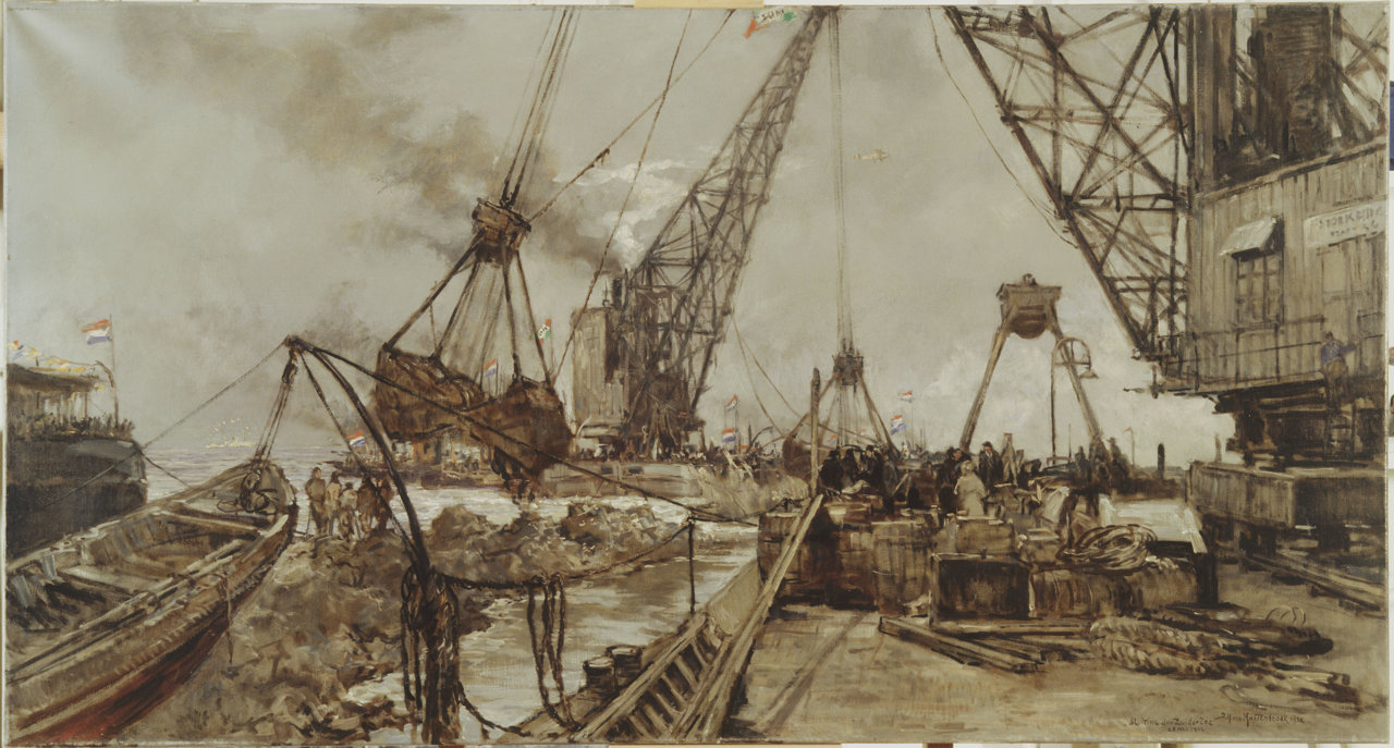 afsluiting van de zuiderzee op een schilderij schepen met grijpers dichten het sluitgat De Vlieter