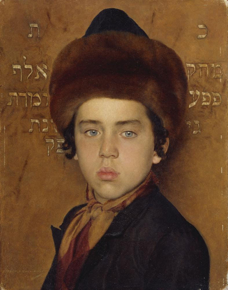 portret van een chassidisch jongetje met bontmuts en zwarte kaftan