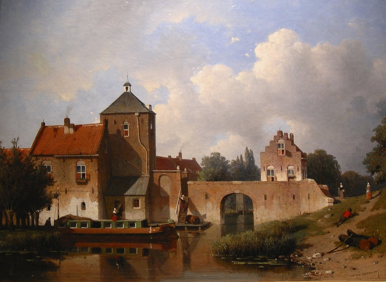 'De IJsselpoort van de stad IJsselstein', Haagse School schilderij van Jan Weissenbruch (1822-1880)
