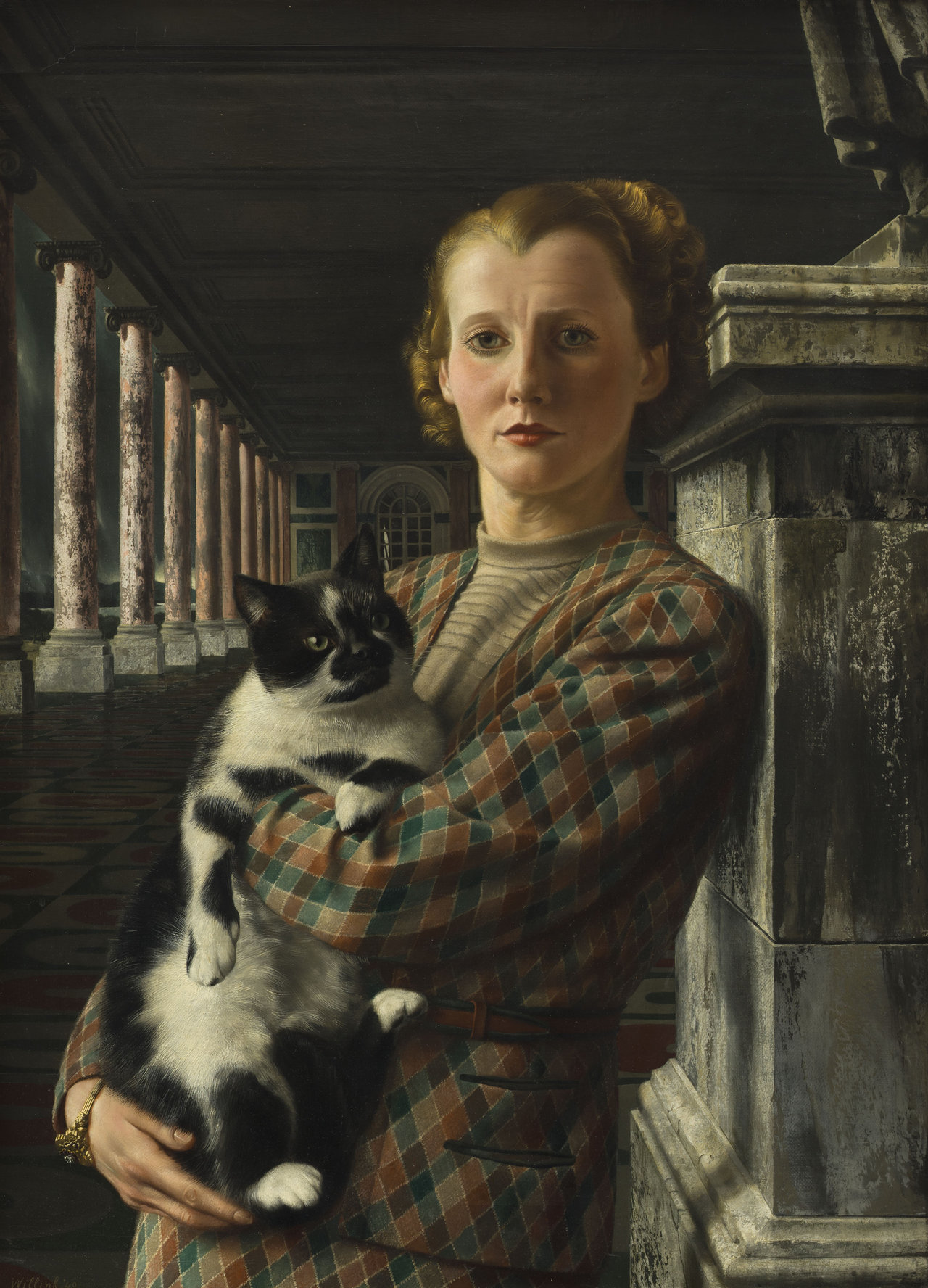 Olieverfschilderij van een vrouw met een zwart witte kat in haar armen