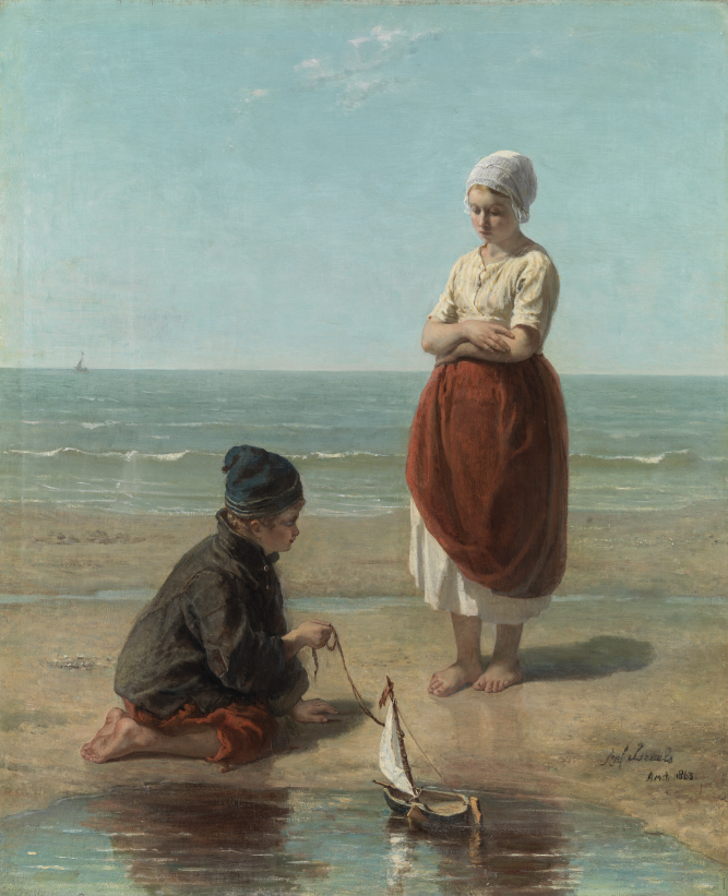 Een schilderij van Jozef Israëls met kinderen die spelen op het strand