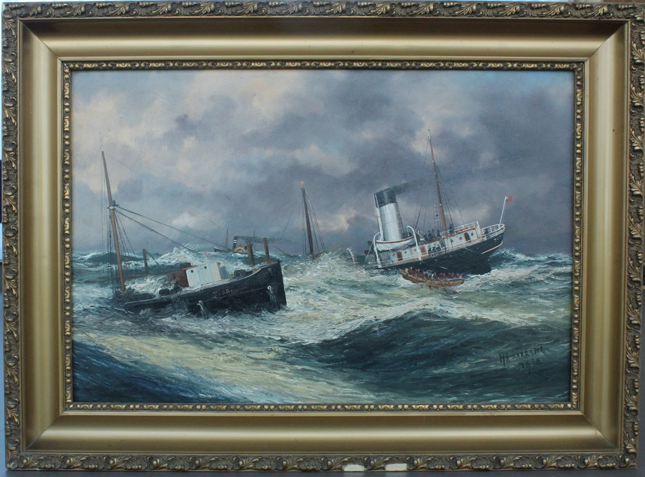 Schilderij de redding van de Turbo van schilder van maritieme voorstellingen H.A. Jaarsma