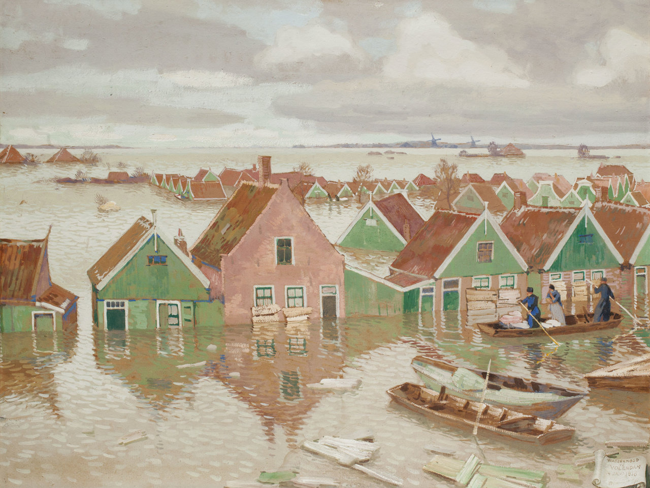 Huizen in Volendam staan onderwater, schilderij